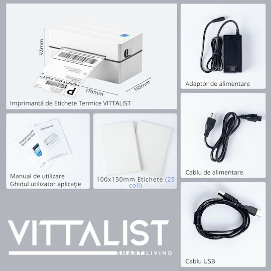 Vittalist Portabila Imprimantă de Etichete Transfer Direct USB, Bluetooth
