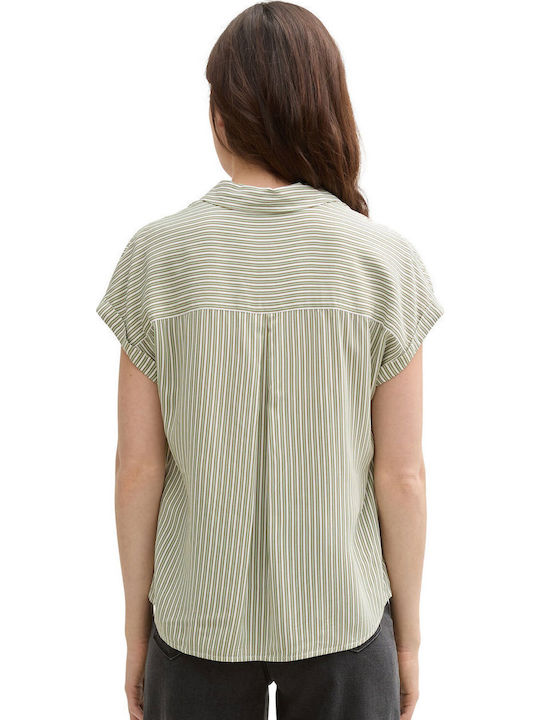 Women's Striped Short Sleeve Shirt Vertical Green White Stripe