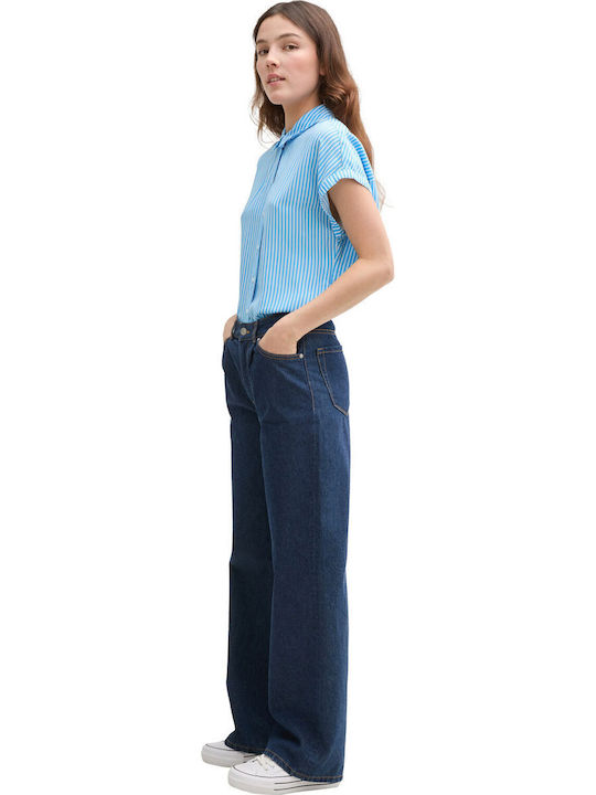 Mâneca scurta Femei Cămașă Vertical Blue White Stripe Cu dungi