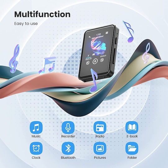 MP3 Player 64 Gb Bluetooth 5.2 Ecran Tactil 2.4 Inch Difuzor Integrat Sunet Hifi Ebook Ceas Deșteptător Radio Fm Înregistrare Vocală Negru