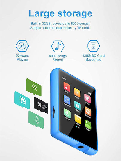 32 Gb MP3 Player Bluetooth 5.0 Ecran Tactil 2.4 Inch Difuzor Sunet Hifi Radio Fm Portabil Acceptă Card Până La 128 Gb Albastru