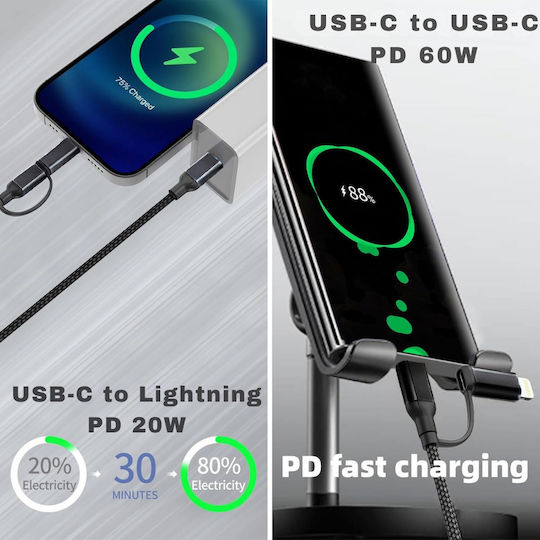 Usb C Fast Charging Cable 2-in-1 Max 60w Usb C To Usb C Lightning Type C Fast Charging Textile Material Iphone 16 Pro Max 15 14 Ipad Air Mini Galaxy Pixel 1m Luvlu