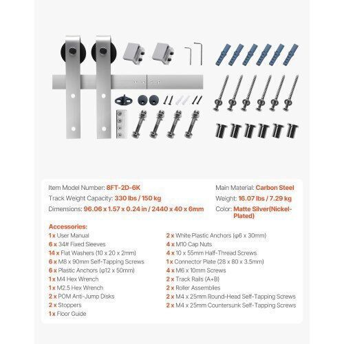 Vevor Sliding Door Mechanism for Wooden Door 243.84cm Silver