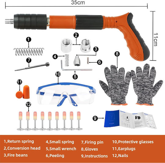 Manual Nail Gun Tool Fixing Nails Bolts 100 Round Nails 3 Power Levels Wood Concrete Iron Wall Ceiling Floor Orange