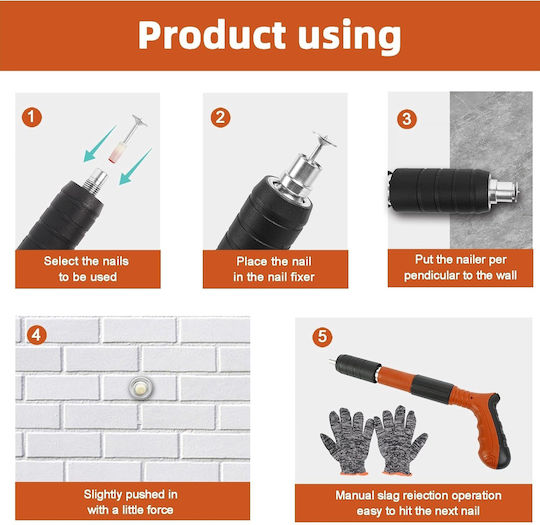 Manual Nail Gun Tool Fixing Nails Bolts 100 Round Nails 3 Power Levels Wood Concrete Iron Wall Ceiling Floor Orange