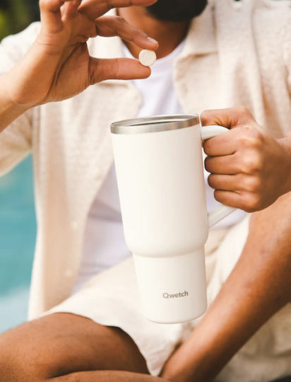 Qwetch Ποτήρι Θερμός Ανοξείδωτο / Πλαστικό 900ml Qwetch Μπεζ με Καλαμάκι και Επιστόμιο