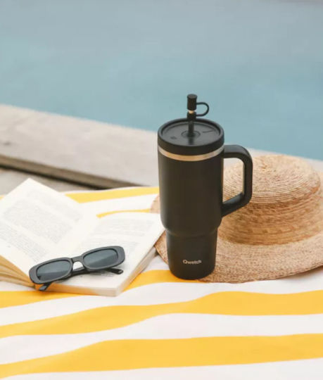Qwetch Glass Thermos Stainless Steel / Plastic 900ml Qwetch Black with Straw and Mouthpiece