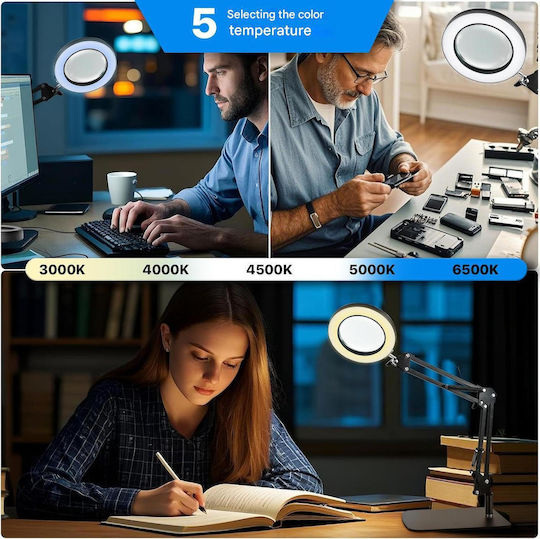 Lampă Cosmetică cu Braț, Lampa cu Led, Oglindă Mărire 10x, Rotire la 360°, 12.6 W, 1800 Lumen, Reglabilă, 5 Moduri, 10 Niveluri de Luminozitate, Dimmable, Bază 2 În 1, Clește, Machiaj, Tatuaje, Bijuterii, Electronice