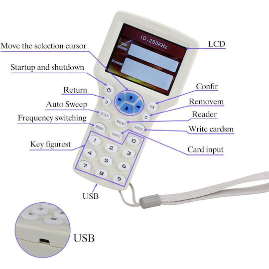 Set Copiator Rfid Nfc 5 X Carduri 5 X Etichete de Proximitate Rfid 5 X Lanțuri Chei Programabile Uid T5577 10 Frecvențe Programabile Ecran Lcd Alb