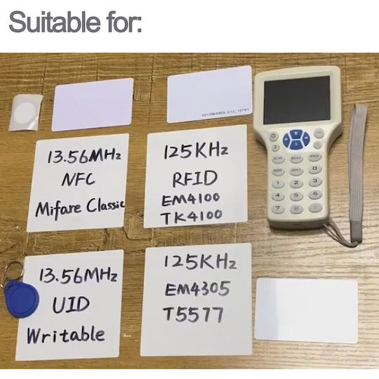 Set Copiator Rfid Nfc 5 X Carduri 5 X Etichete de Proximitate Rfid 5 X Lanțuri Chei Programabile Uid T5577 10 Frecvențe Programabile Ecran Lcd Alb