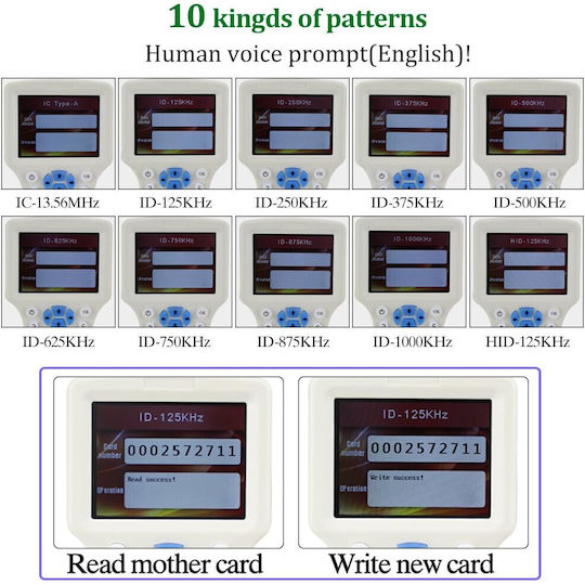Set Copiator Rfid Nfc 5 X Carduri 5 X Etichete de Proximitate Rfid 5 X Lanțuri Chei Programabile Uid T5577 10 Frecvențe Programabile Ecran Lcd Alb