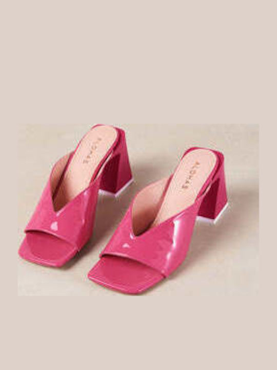 Leather Mules with Low Heel in Fuchsia Color