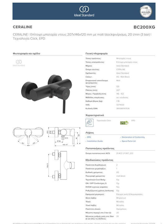 Ideal Standard Ceraline Αναμεικτική Μπαταρία Μπανιέρας Μαύρη