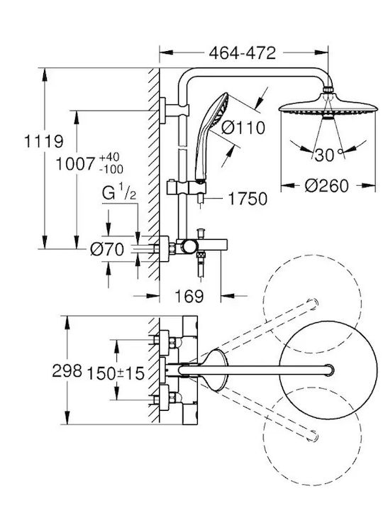 Grohe Euphoria System 260 Ρυθμιζόμενη Στήλη Ντουζ με Μπαταρία Ασημί