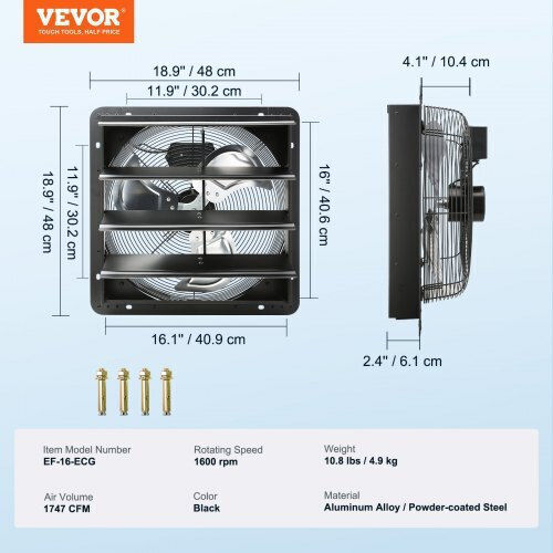 Exhaust Fan Commercial Spaces Greenhouses Warehouses Metal 70 W 2900 M³/h Diameter 406 Mm 60 Db Smart Timer