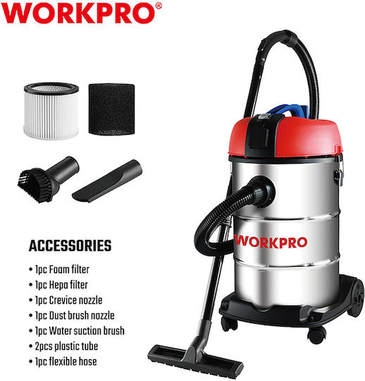 Work WP423005CE Σκούπα Υγρών / Στερεών 1300W με Ανοξείδωτο Κάδο 30lt