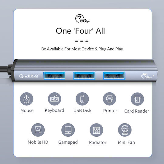 Orico USB Хъб 4 Порта USB 3.0 с Връзка USB-C / USB-A Сив