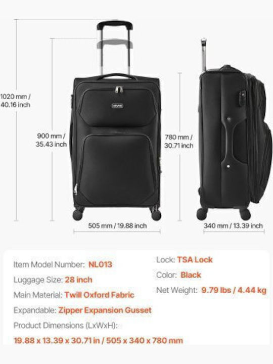 Vevor Large Fabric Travel Suitcase Black with 4 Wheels Height 71cm