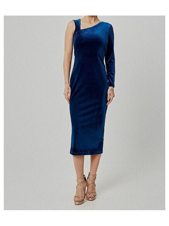 Midi Evening Dress Velvet with Slit Blue