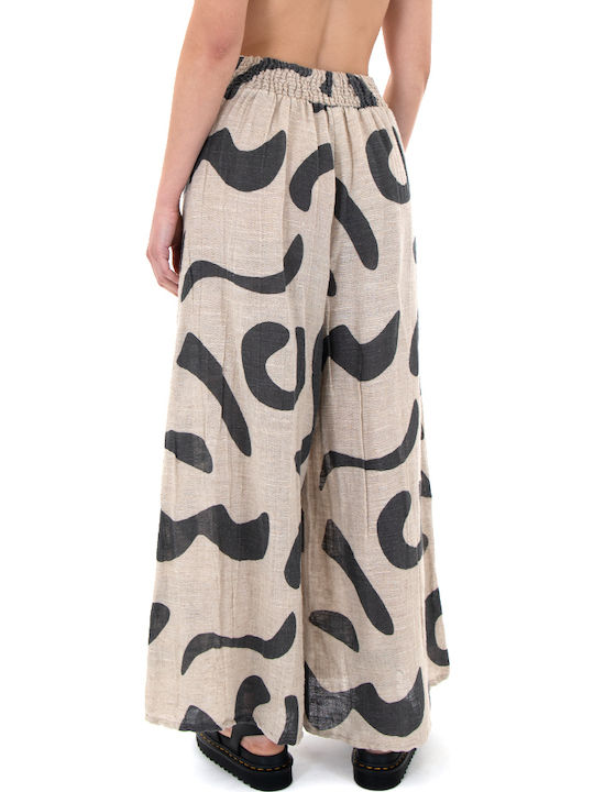 August Women's High Waist Linen Palazzo Pants with Elastic Wide Black-beige August Women's High Waist Linen Palazzo Pants with Elastic Wide Black-beige