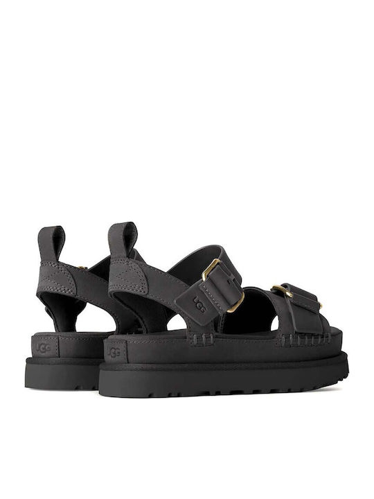 Goldenstar Δερμάτινα Γυναικεία Σανδάλια Flatforms Μαύρα
