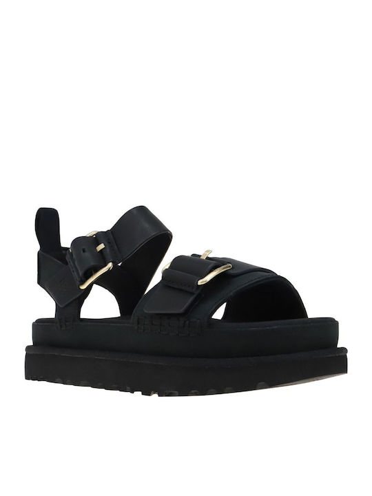Goldenstar Δερμάτινα Γυναικεία Σανδάλια Flatforms Μαύρα