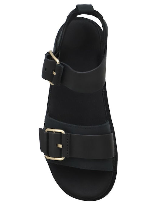Goldenstar Δερμάτινα Γυναικεία Σανδάλια Flatforms Μαύρα