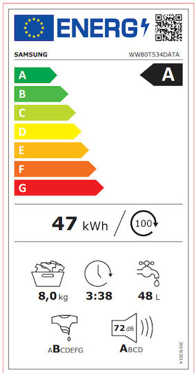 Samsung Πλυντήριο Ρούχων 8kg με Τεχνολογία Ατμού 1400 Στροφών Ecobubble WW80T534DATAS7