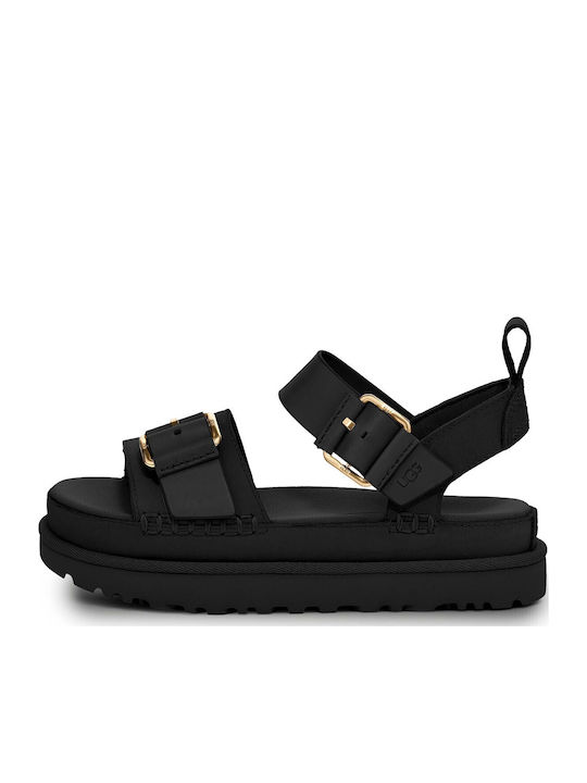 Goldenstar Δερμάτινα Γυναικεία Σανδάλια Flatforms Μαύρα