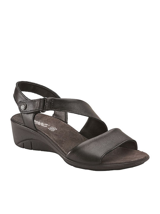 Leder Flache Sandalen für Damen Anatomisch mit Riemen in Schwarz Farbe