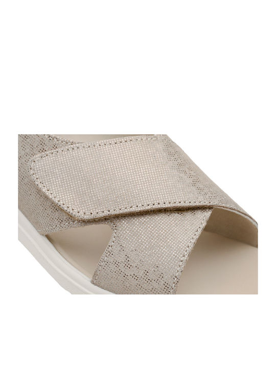 Leder Flache Sandalen für Damen Anatomisch mit Riemen in Gold Farbe