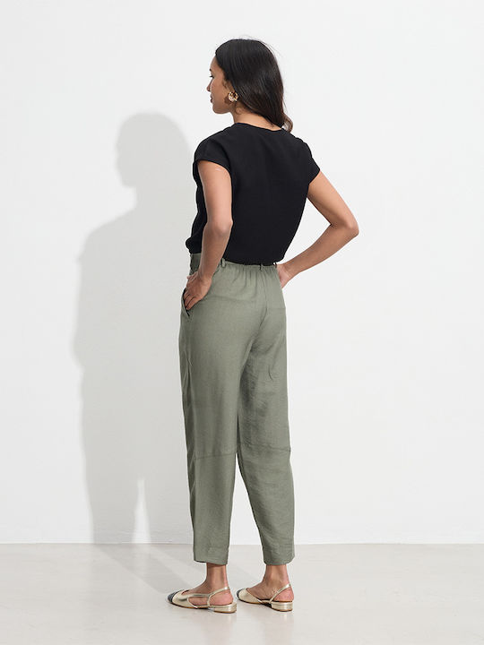 Women's High-waisted Fabric Trousers with Elastic Khaki