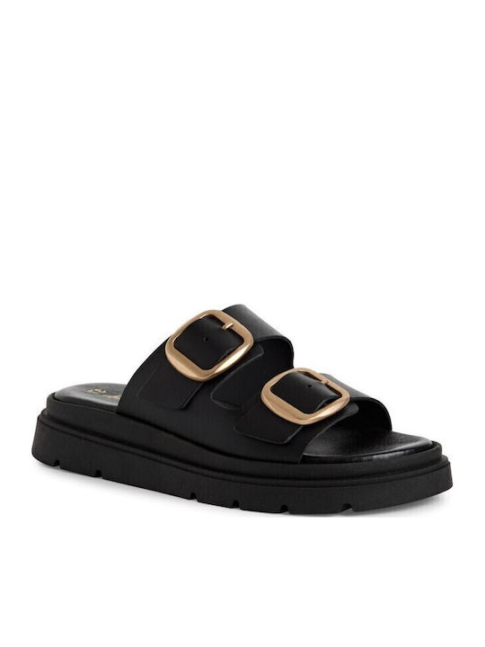 Leather Women's Flat Sandals in Black Color