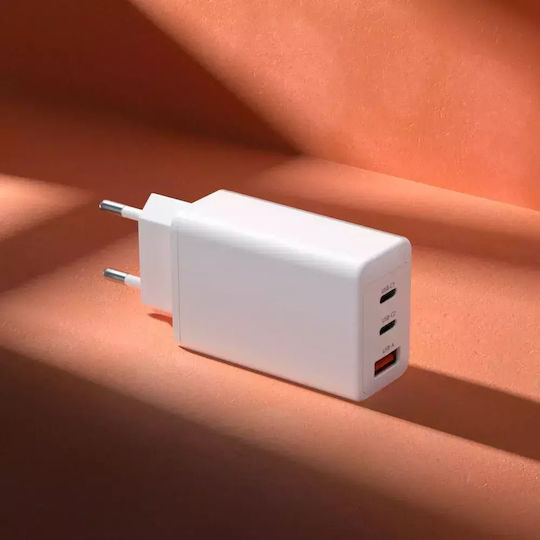 Încărcător cu Cablu Integrat cu Port USB-A și 2 Porturi USB-C 65W Albς