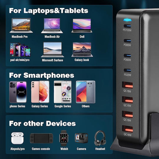 Suport de Încărcare GaN cu 4 Porturi USB-A și 4 Porturi USB-C 320W Livrarea energiei în culoarea Negru (X0024H8KPH)