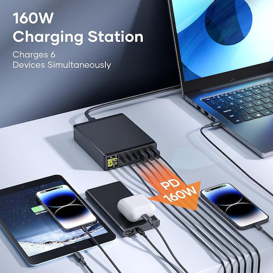 Suport de Încărcare GaN cu 3 Porturi USB-A și 3 Porturi USB-C 160W Livrarea energiei în culoarea (USB C)