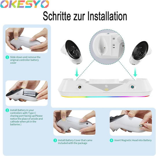 Stație De Încărcare Compatibilă VR Meta Quest 3 Ochelari Controlere Lumini RGB LED 2 Baterii 1800 mAh Accesorii Albe