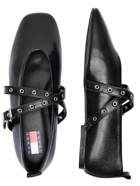 Leather Pointy Ballerinas With strap Black