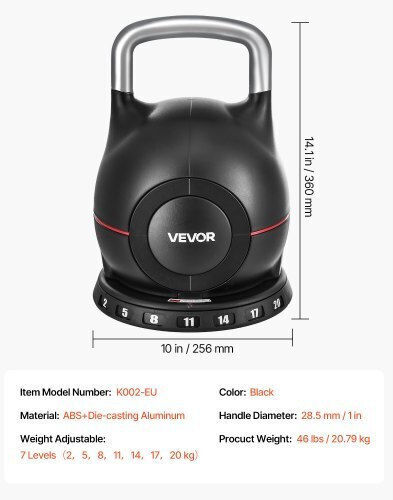 Vevor Adjustable Kettlebell 7 Weight Levels 2-20 Kg Hlkdhs20kg004ge4c002v0