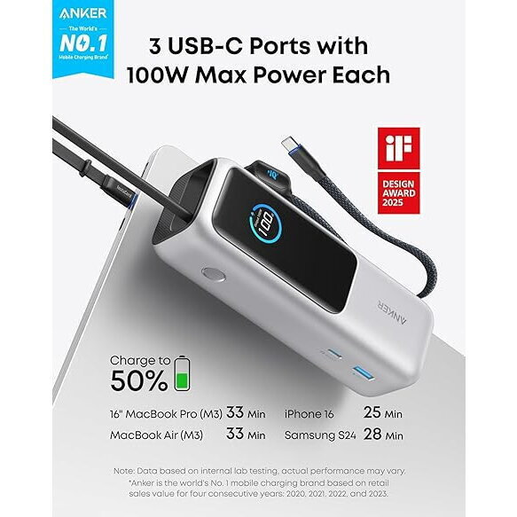 Anker Power Bank 25000mAh 165W cu Port USB-A Argintiu
