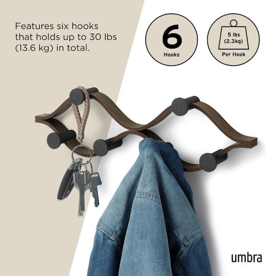 Umbra Wooden Wall Hanger 6 Hooks Black 51x15x6cm