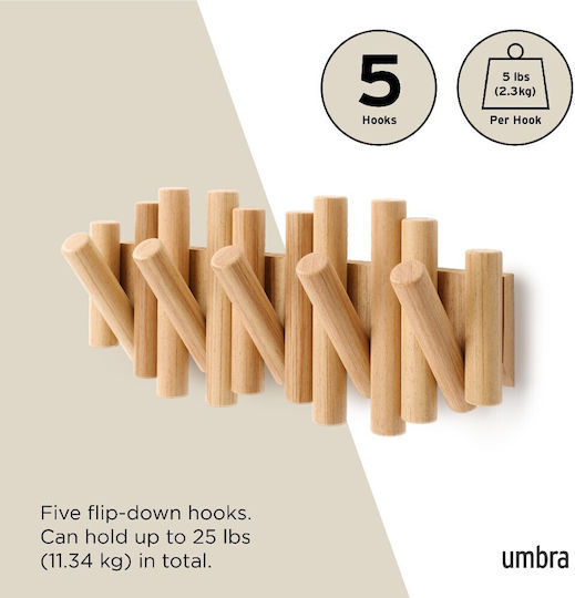 Umbra Wall Hanger Picket Rail Hook Natural Wooden 5 Hooks Beige 38x4.4x16.5cm