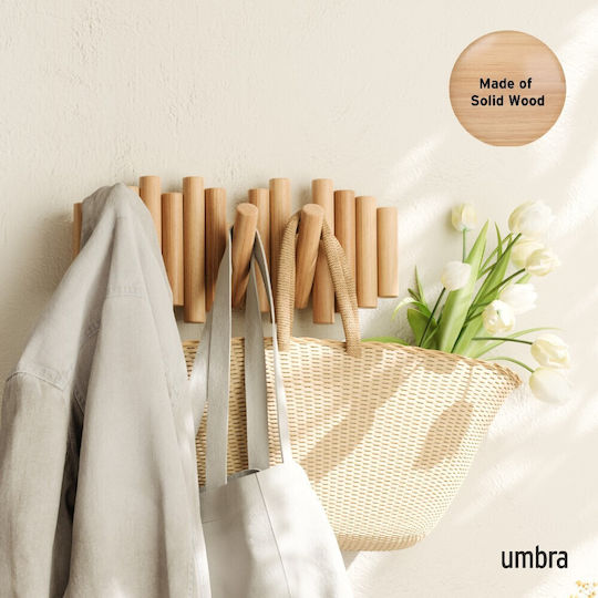 Umbra Wall Hanger Picket Rail Hook Natural Wooden 5 Hooks Beige 38x4.4x16.5cm