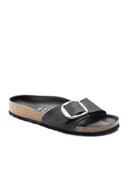 Madrid Big Buckle Oiled Leather Leather Women's Flat Sandals Anatomic in Black Color Narrow Fit