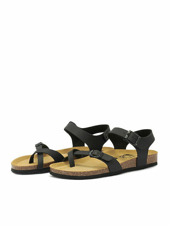 Apure Leather Women's Flat Sandals Anatomic with Strap in Black Color