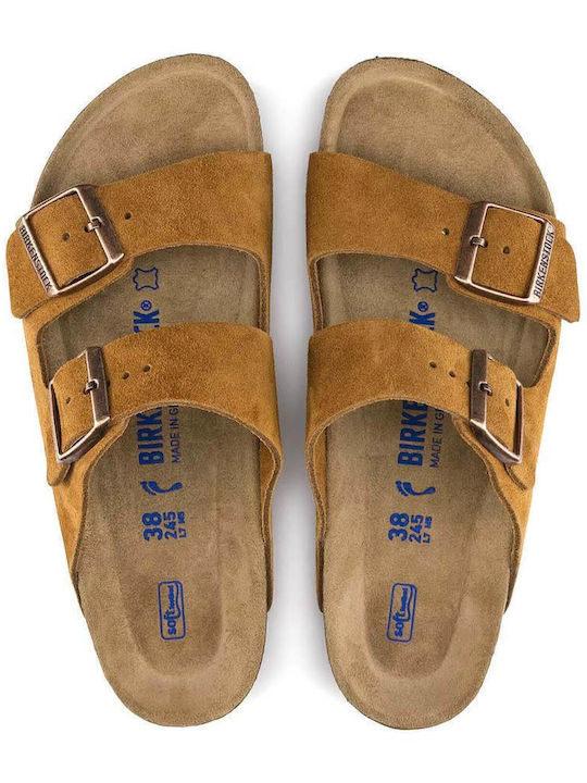 Arizona Soft Footbed Suede Leather Women's Flat Sandals Anatomic in Tabac Brown Color Narrow Fit