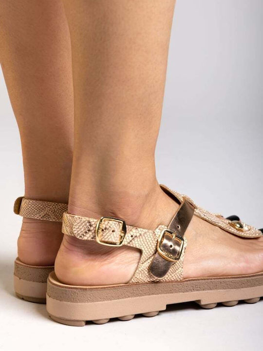 Marlena Leather Women's Flat Sandals Anatomic Rosegold Lizard