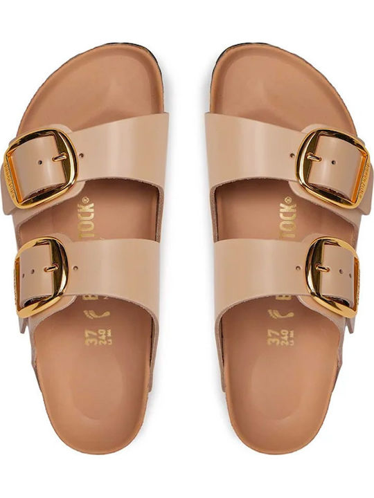 Arizona Big Buckle Leather Women's Flat Sandals Shine New Beige Narrow Fit