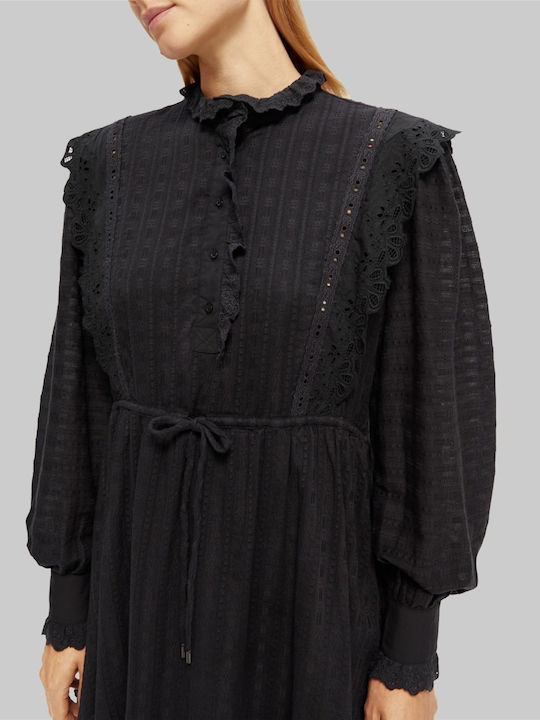 Broderie Anglaise Mini Shirt Dress Dress with Ruffle Black