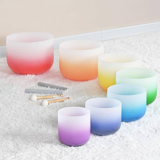 Crystal Singing Bowl Set 7 Chakra 432 Hz + 2 Storage Bags + 2 Mallets